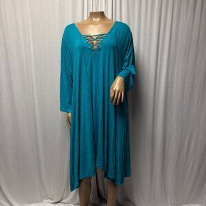 Boutique Swing Dress Womens Size 2X Teal Lace-Up V-Neck Stretch Concave Hem
